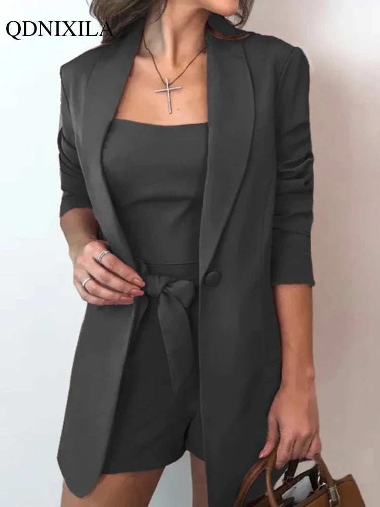 2023 Women Blazer Set Fashion Elegant Inside Vest Top Blazer High Waist Shorts 3-piece Set Summer Casual Shorts Suit