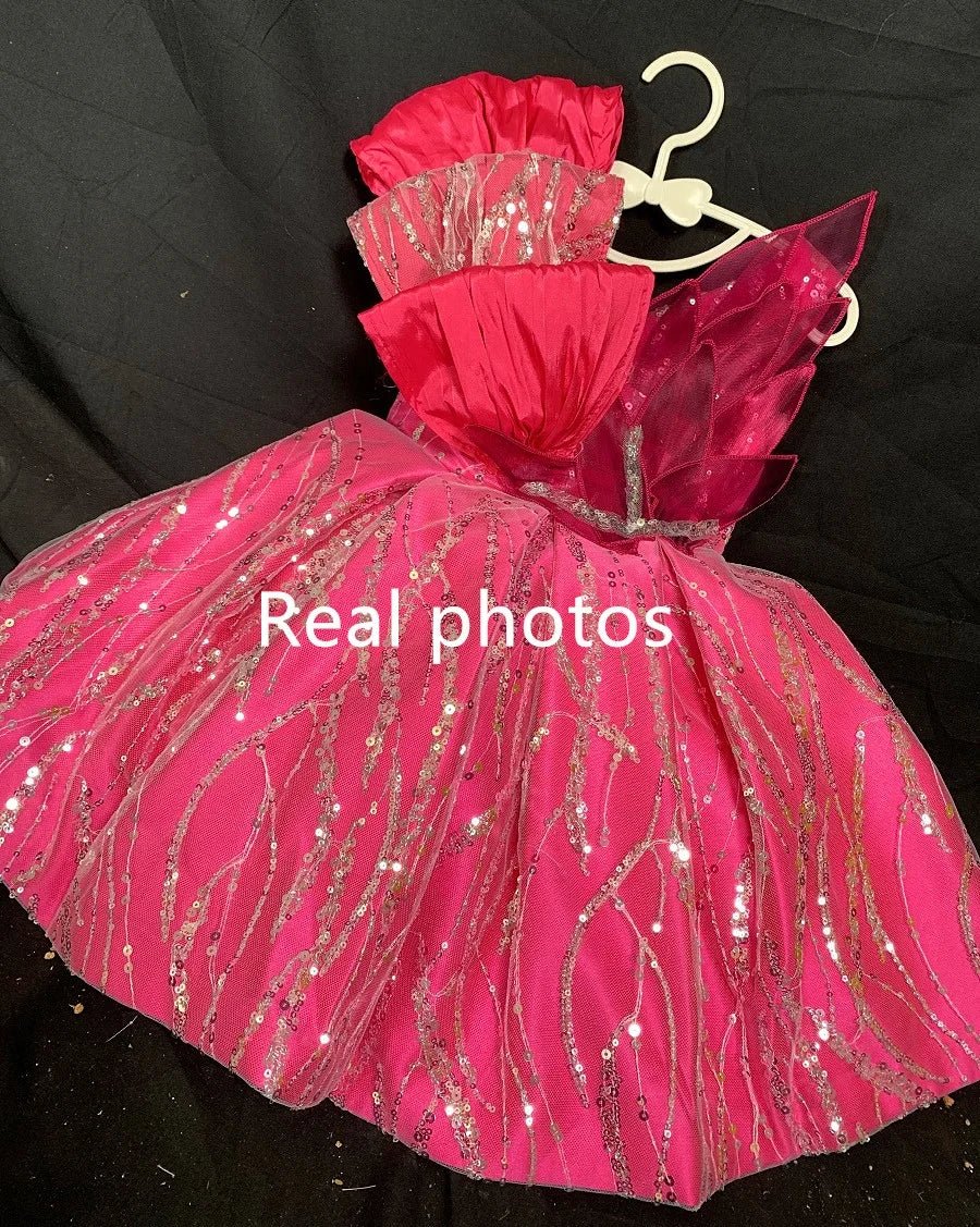 Gorgeous Girls Princess rose sequin Palace Dress V-neck Children Bow Wedding Gown baby infant Birthday Party Kids Dresses