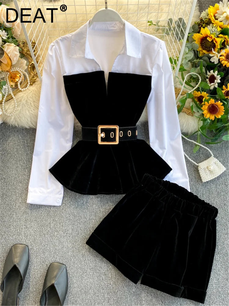 DEAT 2024 Spring Spring Long Sleeve Patchwork Velvet Size Small Tops With Belt High Waist Shorts Two Piece Set Women MH334