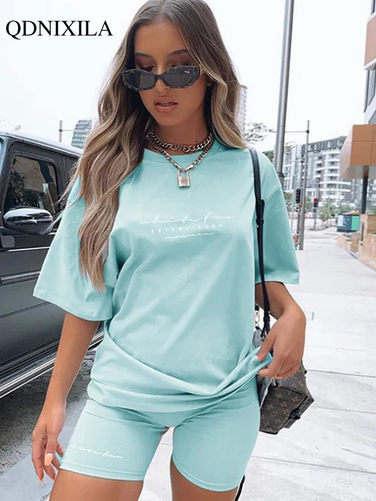 2023 Casual Summer Women's Tracksuit Sports Suit T-shirt Shorts 2 Piece Set Sweatshirt Print Women Shorts Set Sportswear outfits