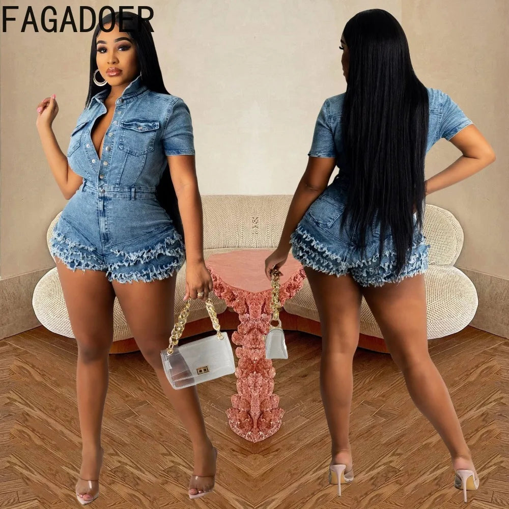 FAGADOER Fashion Denim Fur Tassels Shorts Rompers Women Turndown Collar Short Sleeve Slim Jumpsuits Casual Solid Button Overalls