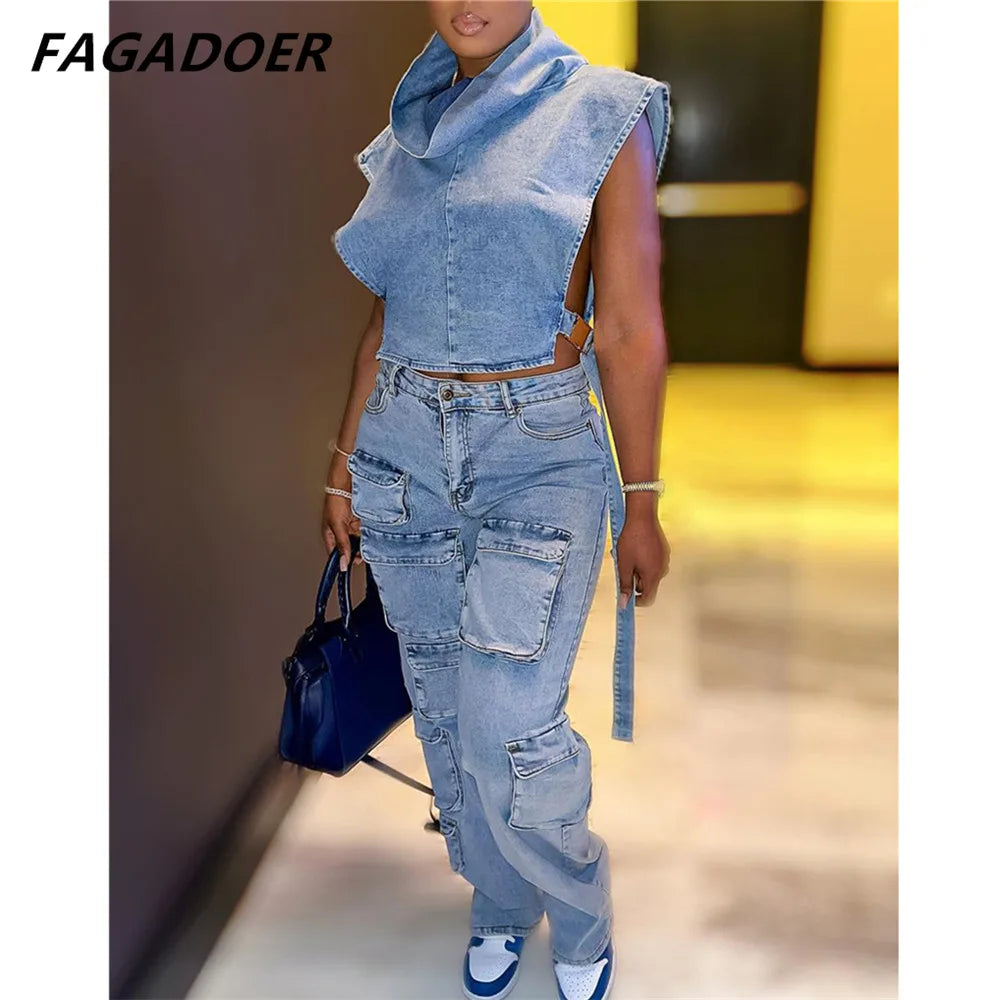 FAGADOER Vintage Fashion Denim Pocket Cargo Pants Women High Waisted Button Straight Jean Trousers Casual Female Cowboy Bottoms