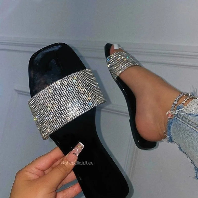 Summer Sandals Women Flip Flops Rhinestone Flat Sandals Ladies Slippers Shoes Female Round Toe Bling Luxury Sandalias Mujer 43