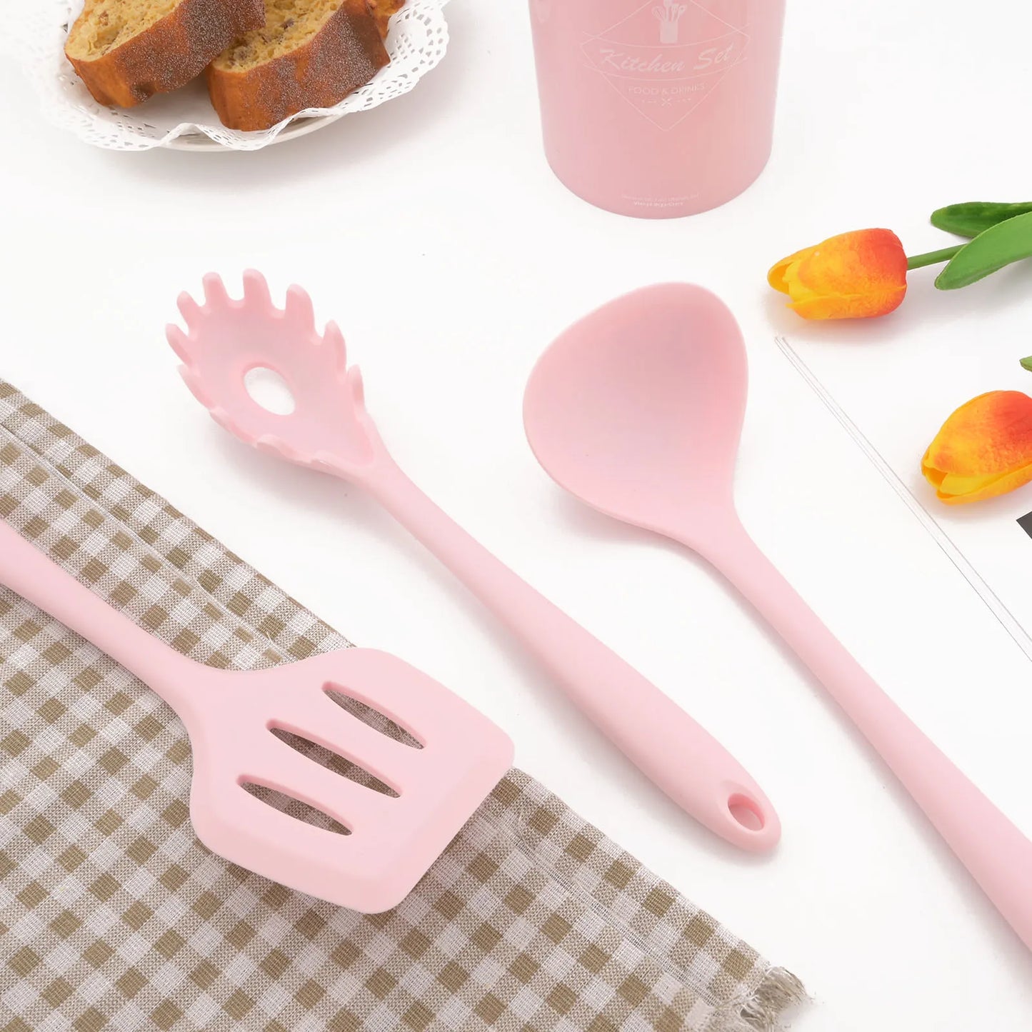 Food Grade Pink Silicone Kitchenware Cooking Spatula Soup Spoon Brush Scraper Non-stick Pan Storage Bucket Kitchen Cookware