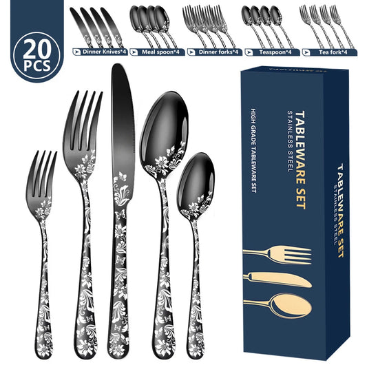 20Pcs Explosive Pattern Stainless Steel Cutlery Set Western Steak Dinnerware Set Knife Fork Spoon Set Kitchen Tableware Sets New