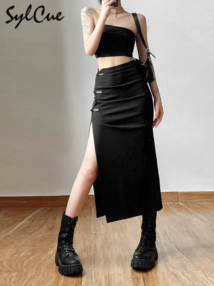 Sylcue Black Sexy Split Simple Casual All-Match Hot Street Outing Cool Mature Vitality Personality Trend Basic Women'S Skirt