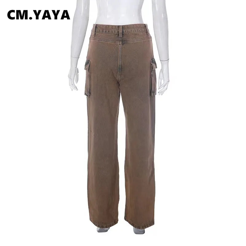 CM.YAYA Women Tie Dye Washed Wide Leg Multi Pocket Cargo Jeans 2024 Fashion Street Safari Style Denim Pants Trousers