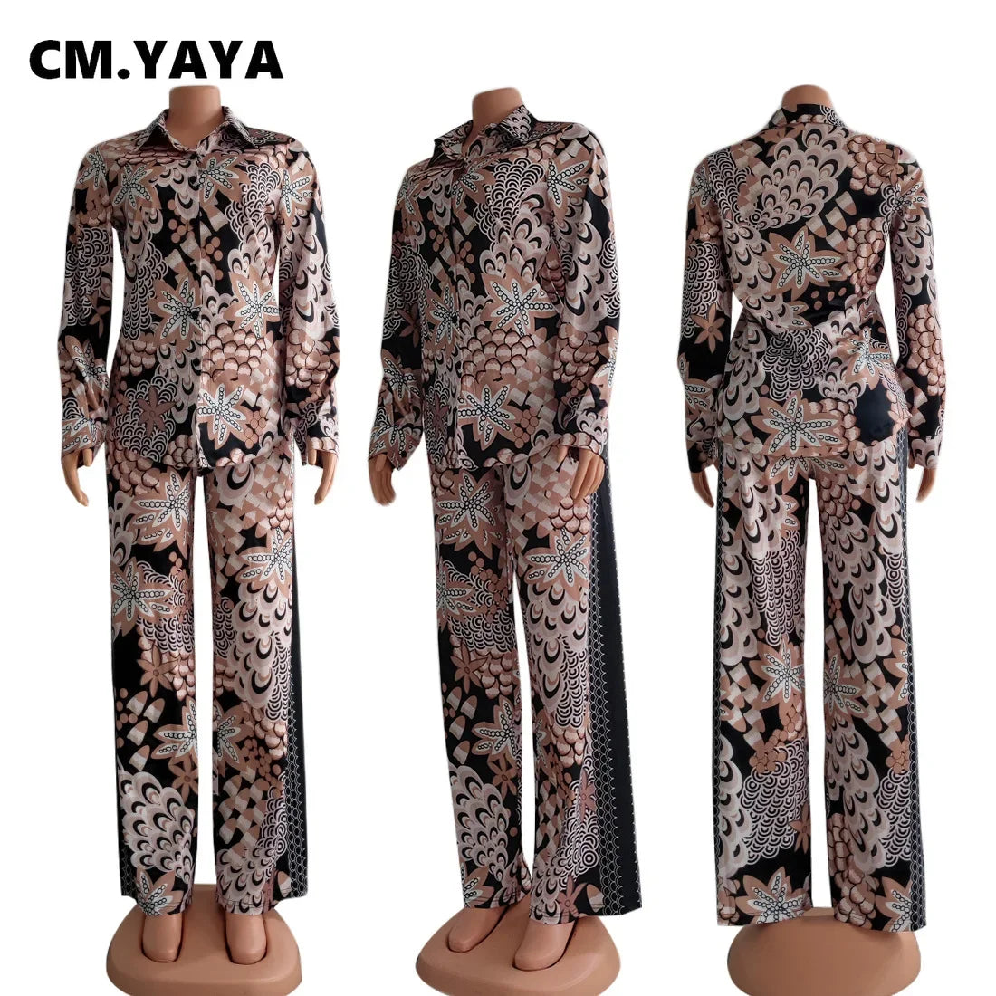 CM.YAYA Autumn Winter Peacock Women's Set Button Up Blouse Shirt Tops and Pants Elegant Tracksuit Two Piece Set Fitness Outfits