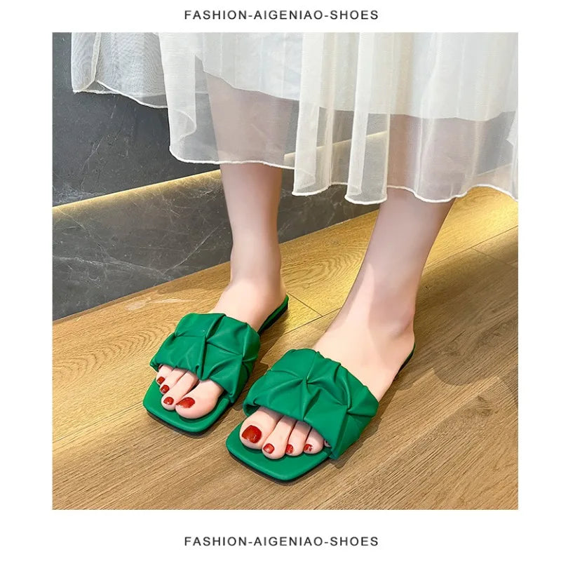 Summer Slippers for Women Flip Flops Flats  New Pleated Korean Slippers Women Sandals Green Slip on Shoes Big Size 35-42