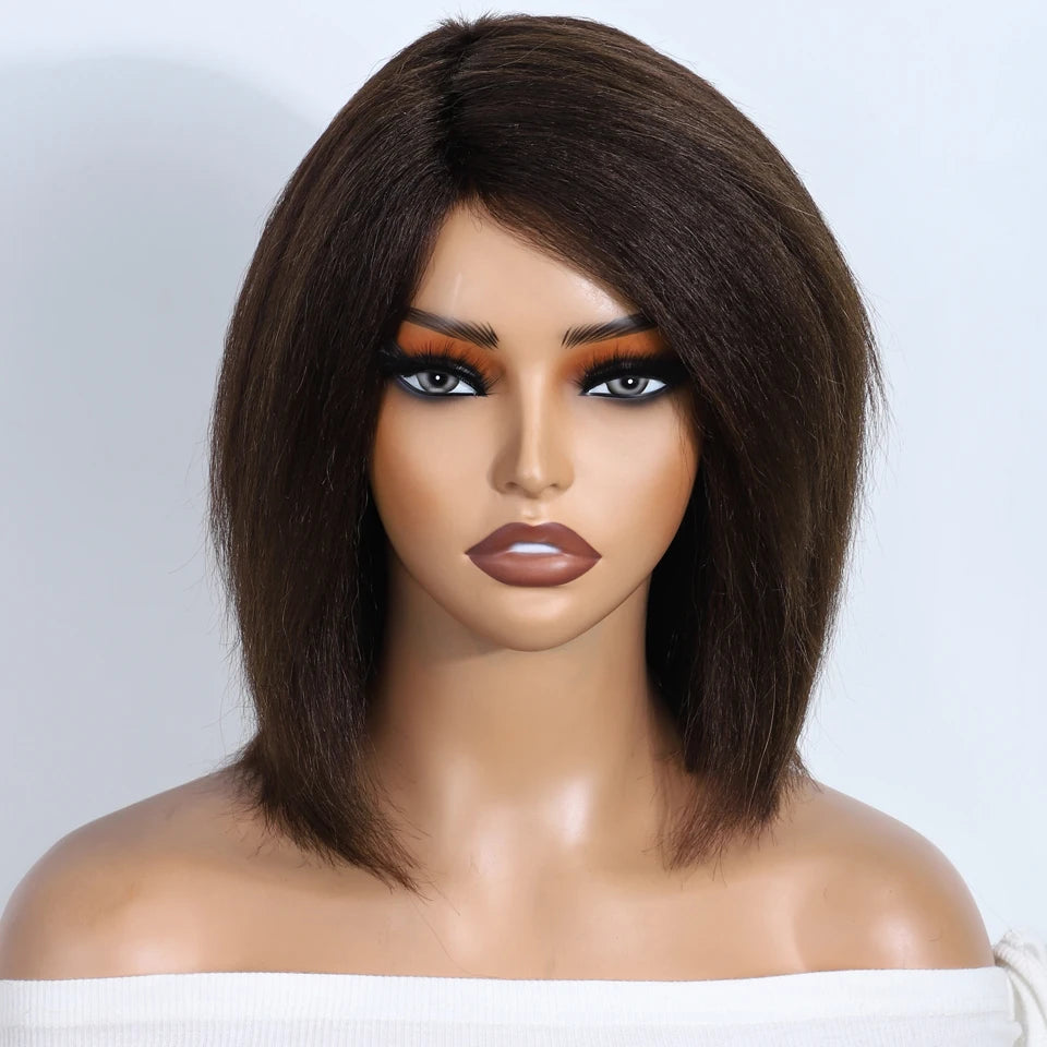 Lekker Short Kinky Straight Bob Glueless Ready to Wear Human Hair Wigs For Women Brazilian Remy Hair Natural Brown 12" Bob Wigs