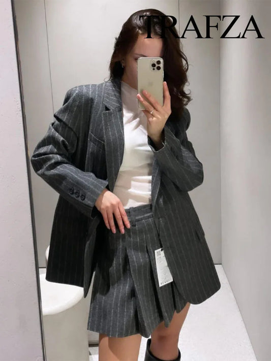 TRAFZA Vintage Female Chic Flip pocket decoration Pinstripe Blazer Fashion Women Casual Loose Outerwear Blazer Long Sleeve Coat