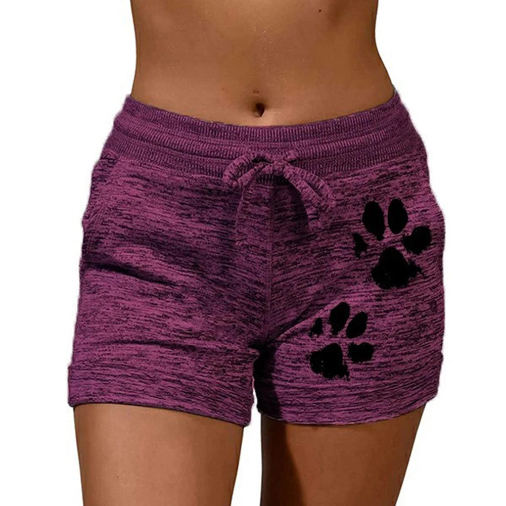 Casual Shorts Women High Waist Cats Claw Print Drawstring Quick Dry Elastic Sports Shorts Gym Women's Clothing