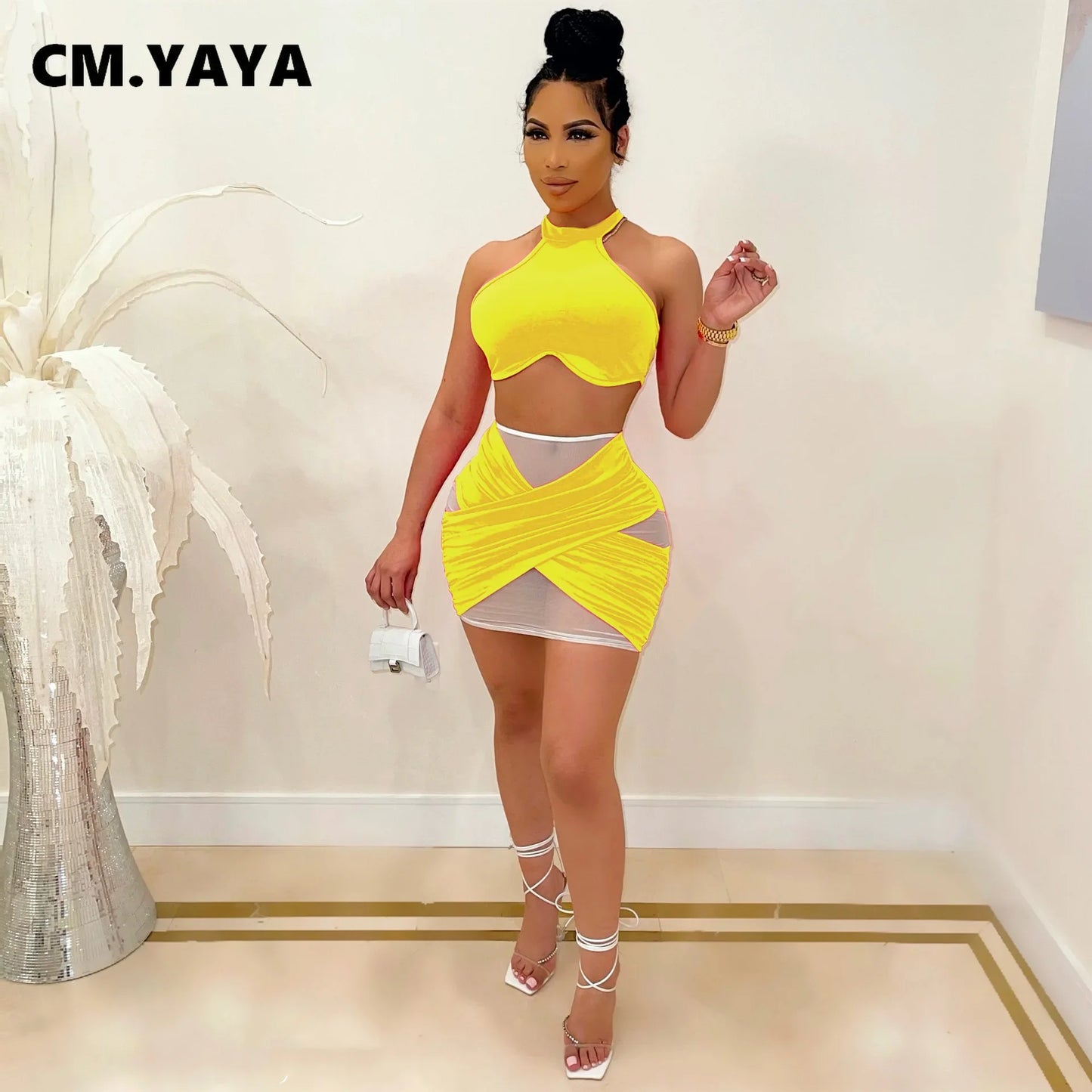 CM.YAYA Summer Mesh Partchwork Women's Set Crop Tops and Midi Mini Skirts Set Matching Two 2 Piece Set Tracksuit