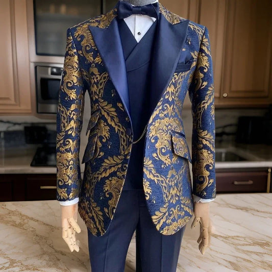 Floral Suits for Men Slim Fit Jacquard Wedding Tuxedo Navy Blue and Gold Gentleman Jacket with Vest Pant 3 Pcs 2024