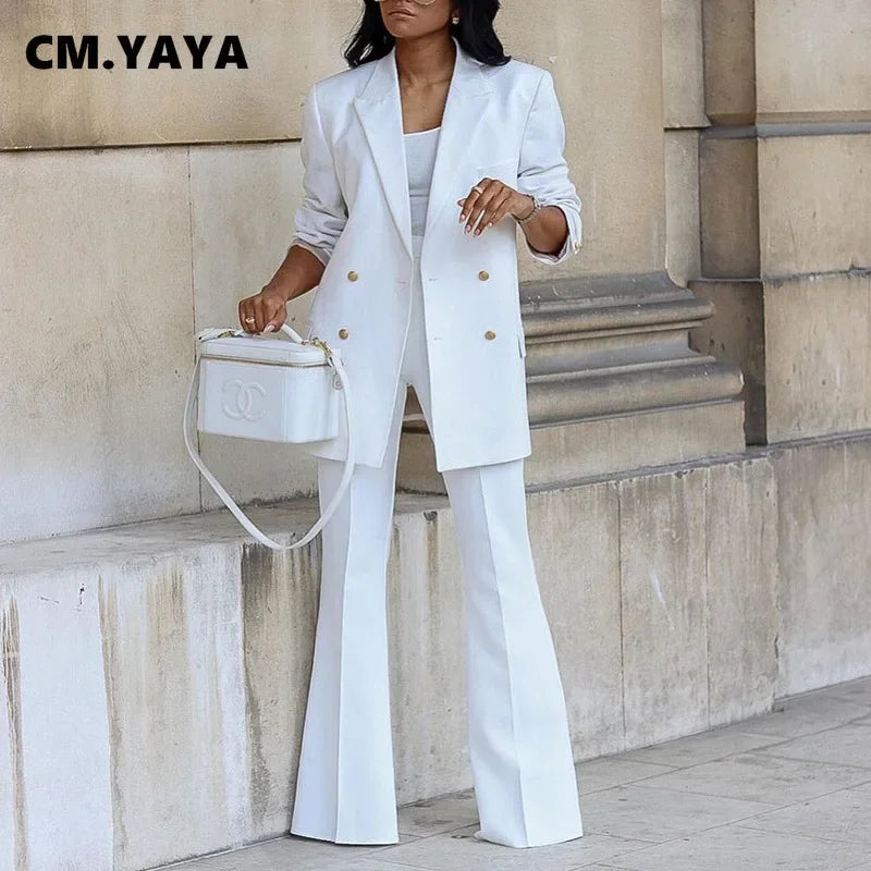 CM.YAYA Basic Elegant Women's Tracksuit Double Breasted Blazers and Straight Flare Pants Suit Matching Two 2 Piece Set Outfits