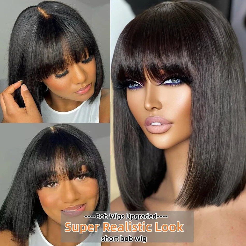 Wiggogo 3X1 Middle Part Lace Wig Short Bob Wigs Glueless Wig Human Hair Ready To Wear And Go Straight Human Hair Wigs With Bangs