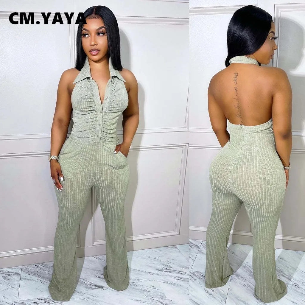 CM.YAYA Women Knit Single Breasted Sleeveless Ruched Bodycon Sleeveless Flare Jumpsuit Summer Active Ribbed Backless Playsuit