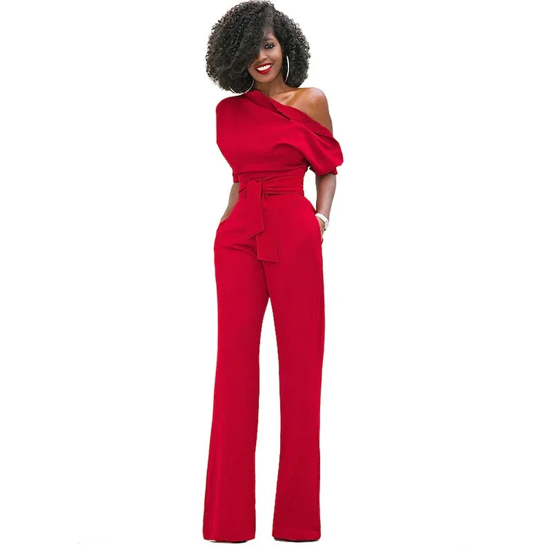 Customized High Quality Autumn Casual Jumpsuit One Shoulder Slash Neck Button Romper Full Length Jumpsuit Wide Legs Jumpsuit