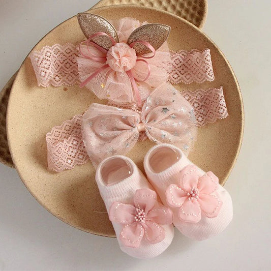 3Pcs/Set Lace Flower Baby Girl Headband Socks Set Crown Bows Newborn Hair Band Foot Socks Photo Props for Baby Hair Accessories