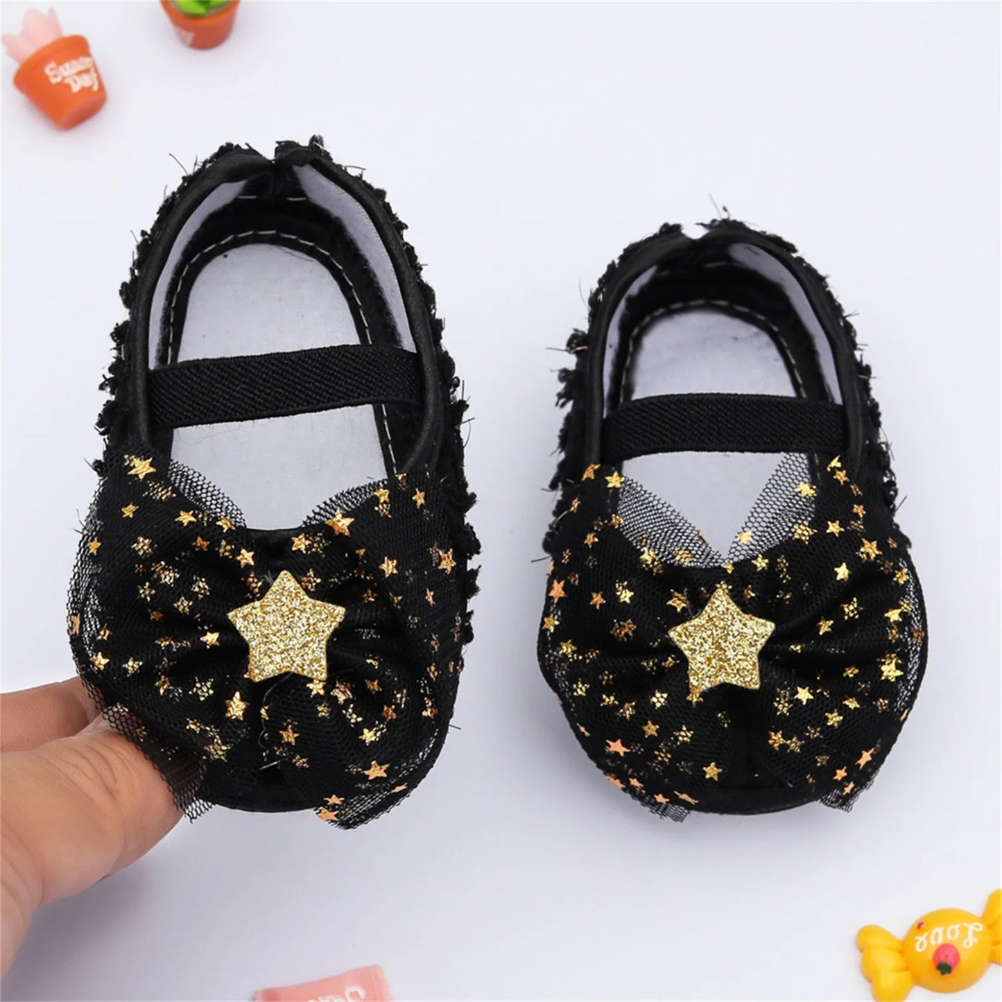 Toddler Newborn Baby Girls First Walkers Cotton Cloth Shoes with Pentagram Sequins, Bow Mesh Sweet Decoration Accessory Princess