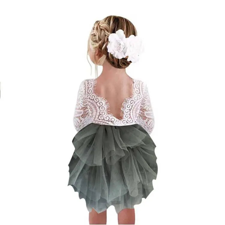 Toddler Girl Ruffles Bridesmaid Dress for Kids Lace Open Back Long Sleeve Tutus Flowers Girls Wedding Costume Clothing