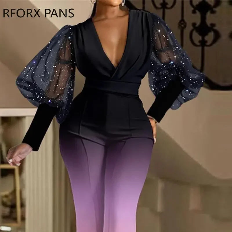 Women Elegant Contrast Mesh Lantern Sleeves Deep V Neck Straight Leg Jumpsuit