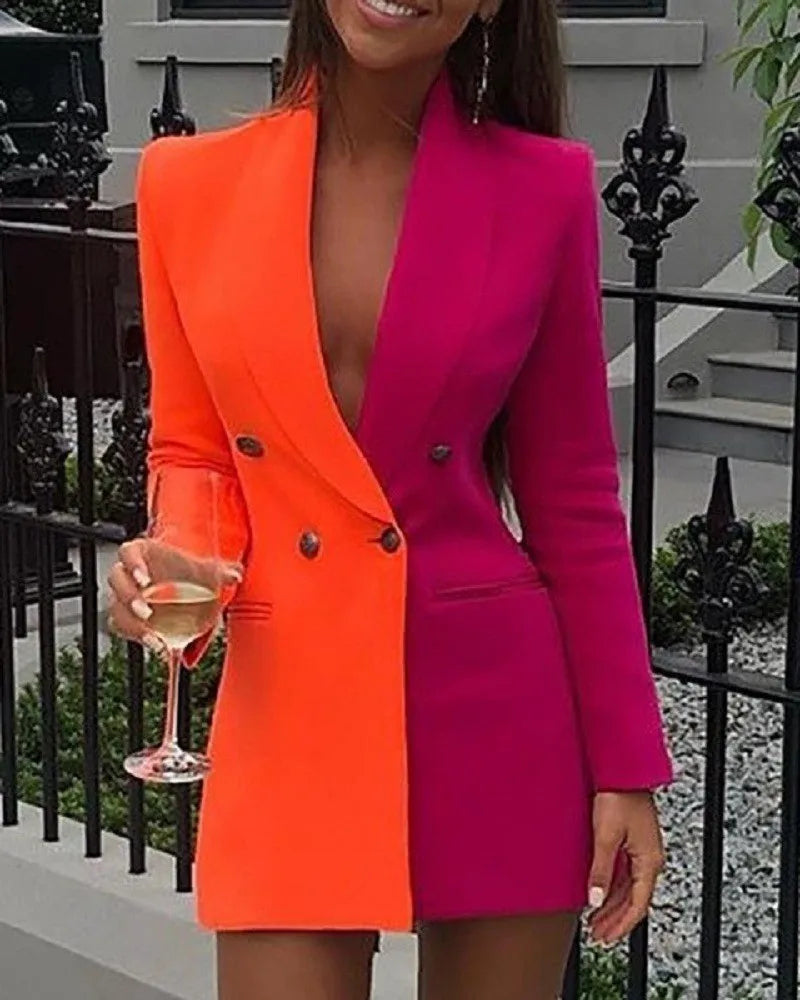 Women Blazer Elegant Office Lady Suit Thin Spring V-neck Female Long Sleeve New Patchwork Slim OL Double Breasted Dress Coat