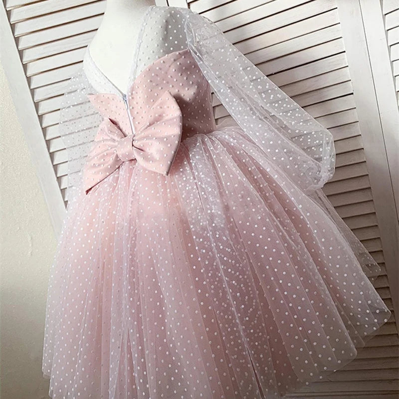 Girls Wedding Bridesmaid Dress Kids Polka Dots Princess Dresses For 4-10Yrs Baby Girl Formal Prom Mesh Embroidery Tulle Vestidos