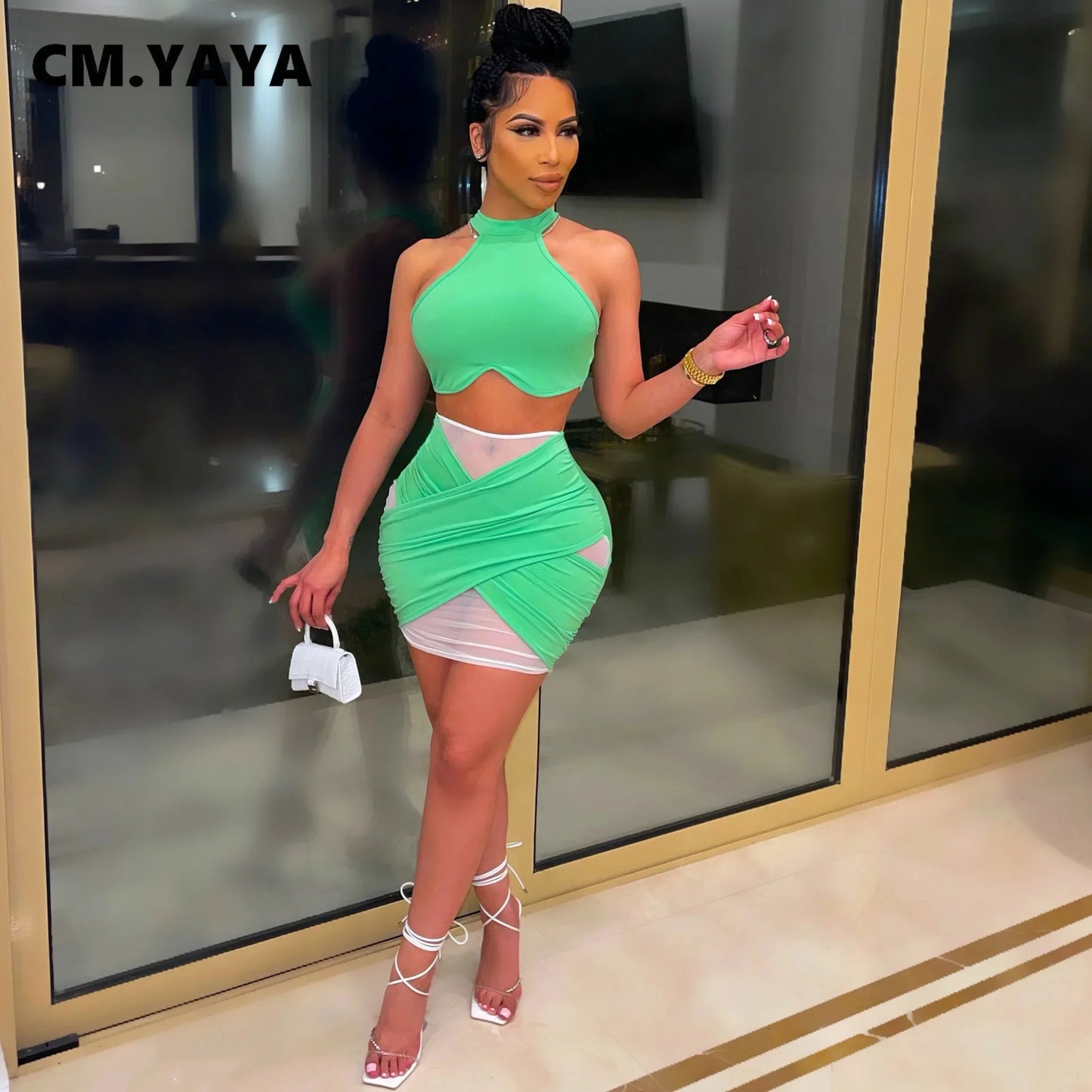 CM.YAYA Summer Mesh Partchwork Women's Set Crop Tops and Midi Mini Skirts Set Matching Two 2 Piece Set Tracksuit