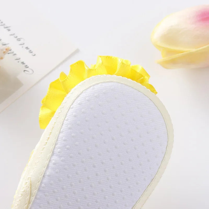 Spring Infant Baby Girl Shoes Newborn Lace Flowers Headband Anti-Slip Soft Sole First Walkers Toddler Kids Cotton Baptism Shoes