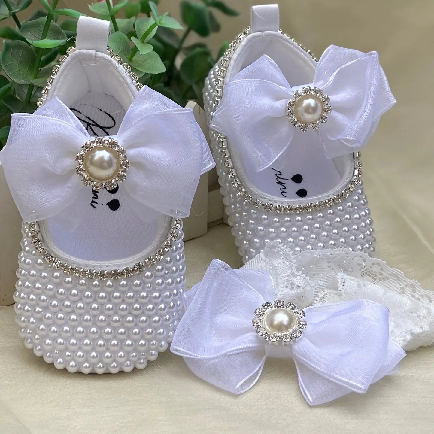 Dollbling Handmade White Pearls Bling Rhinestone Baby Crib Shoes Christening Outfit Wedding Sparkle Organza Baptism 0-3m Shoes