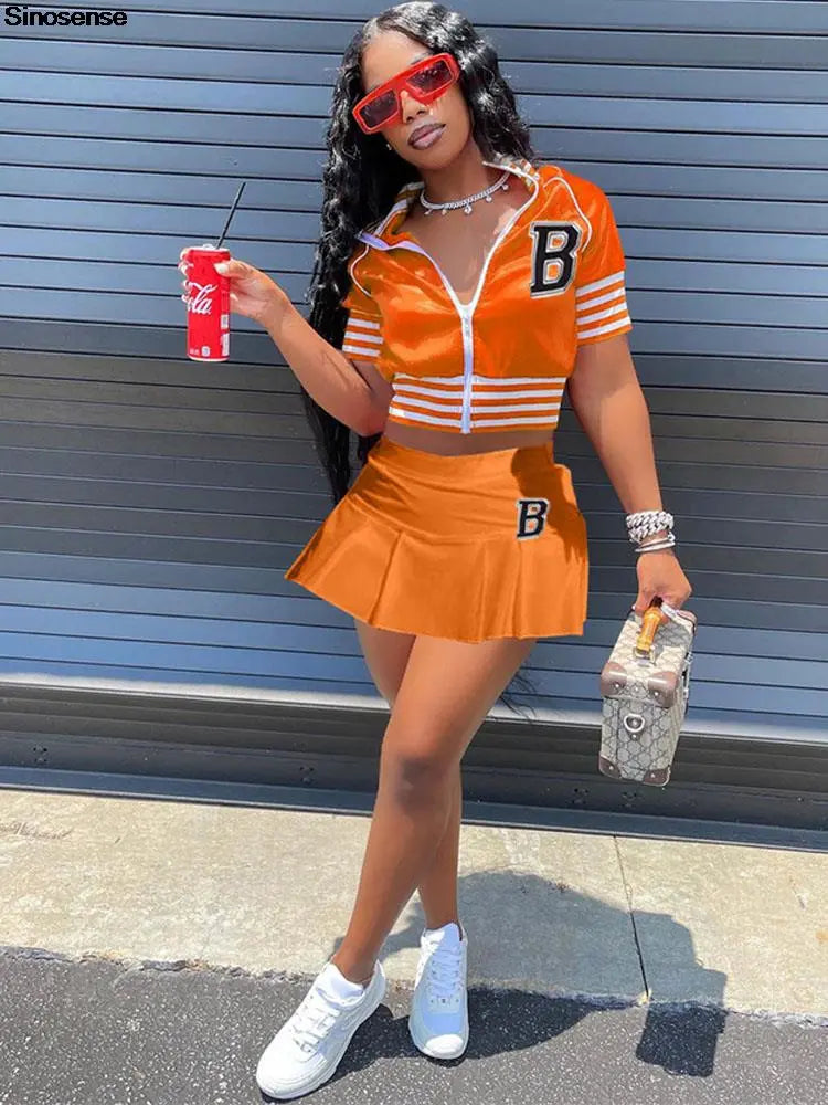 Women Casual Sports 2 Piece Set Letter Print Zipper Baseball Uniform Pleated Skirt Suit Summer Sporty Two Piece Skirt Sets 3XL