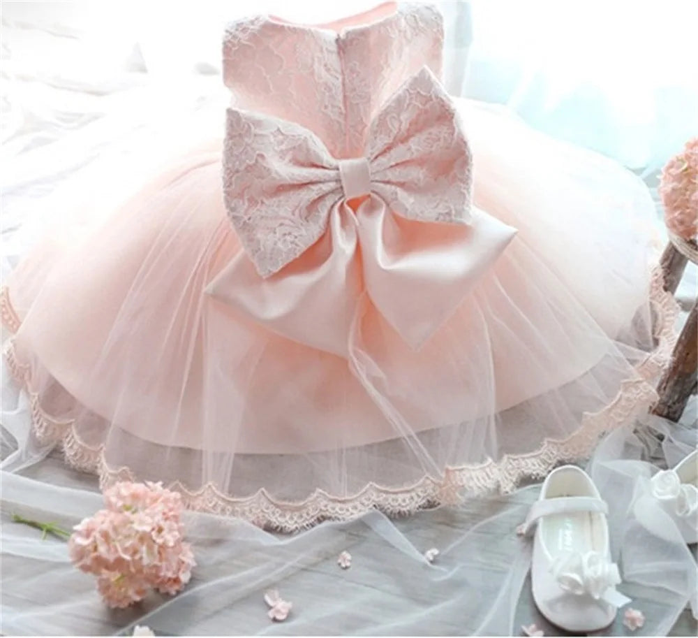 2023 Infant Baby Girls Flower Dresses Christening Gowns Newborn Babies Baptism Clothes Princess Tutu Birthday White Bow Dress