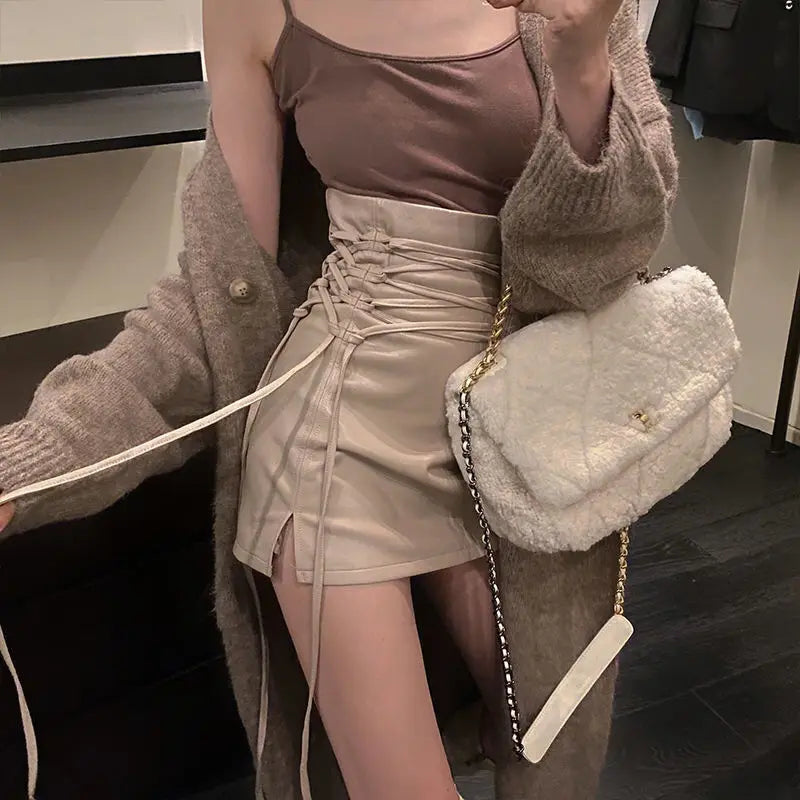 Fashion Women Ladies Skirt Spring Autumn Solid Color Sexy Clubwear Mini Skirt High Waist Lace-Up Pencil Cross Skirt For Women