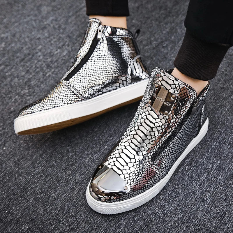 2023 New Luxury Glitter Snake Designer Shoes Men Gold High Top Original Men's Sneakers Fashion Zipper Casual Ankle Boots For Men