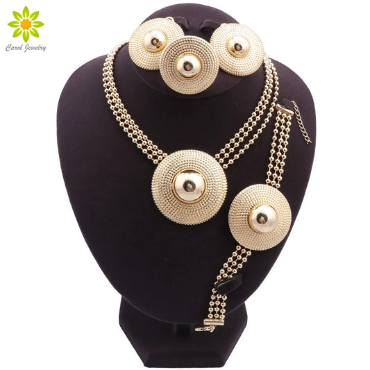 Dubai Gold Color Jewelry Set Women Luxury Design Round Pendant Necklace Earrings Bracelet Ring Wedding Party Accessories