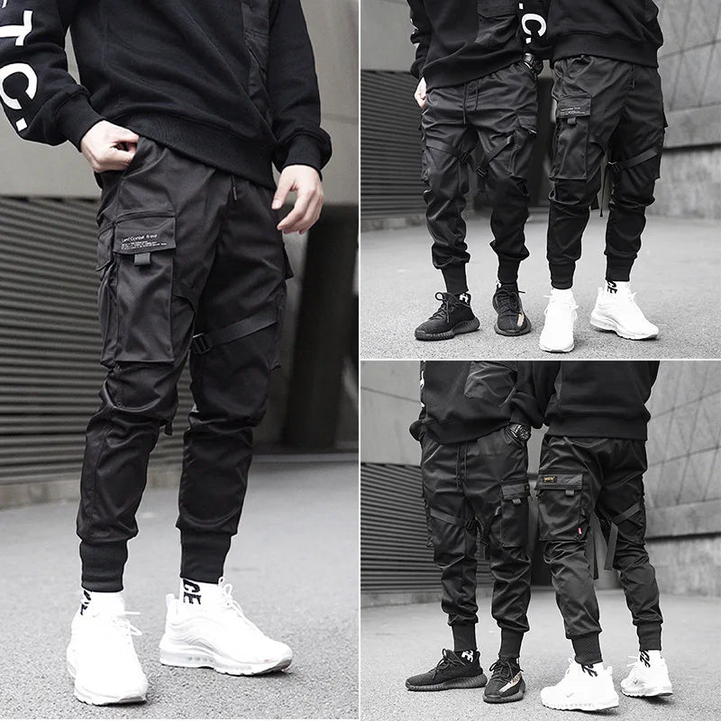 Men's Black Fashion Slim Fit Leisure Tactics Paratrooper Ribbon Cargo Pants Multifunctional Pockets Drawstring Sweat Pants