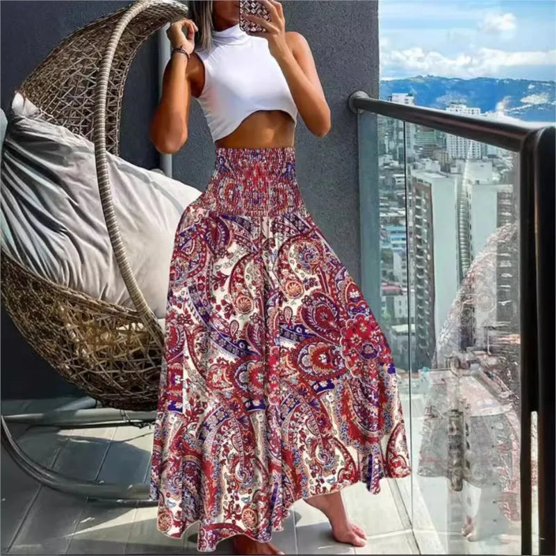 Boho Print Skirts For Women 2024 Summer Casual Elastic High Waist A-line Big Swing Long Dress Vacation Beach Party Skirt Robe