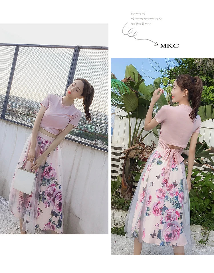 Women's Irregular T-shirt + Mesh Skirt Set Bowknot Solid Color Top Retro Floral Skirt Set