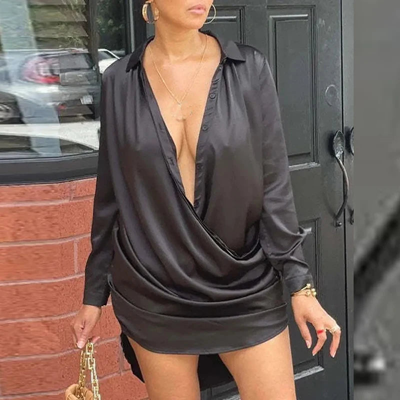 Fashion Women Satin Mini Dress Boho Vintage V Neck Button Shirt Dresses For Women Casual Office Dress 2023