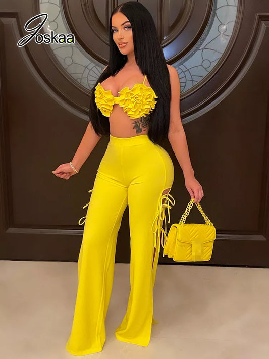 Joskaa Solid Color Bikini Tops and Hollow Out Bandage Flare Pants Two Piece Set Women Clothing Summer 2022 Sexy Club Outfits