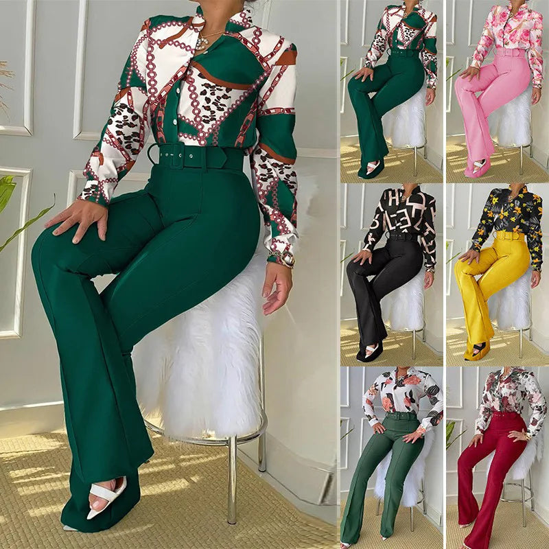 Europe and America Cross border Leisure Set Printed Standing Neck Long sleeved Shirt Top Wide Leg Pants Two Piece Set