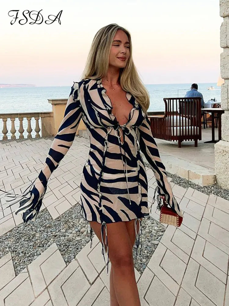 FSDA Zebra Print Long Sleeve Mini Dress Ruffles Mesh Sexy Summer Beach Party Dresses Bodycon Tie Up See Through 90s Club