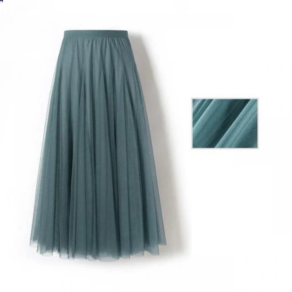 New Women Mesh Elastic Tutu Skirt Beach Spring Summer Korean High Waist Fashion Pleated Long Skirt Black White Tulle Skirts