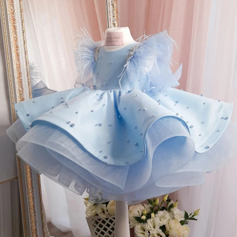 Cute Toddler Flower Girl Dresses Satin Pearls Bow Feather Wedding Birthday Ball Gown Tulle Ruffles Beaded Princess Party Dress