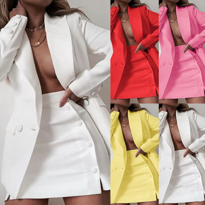 Women 2 Piece Set Fashion Streetwear Long Sleeve Blazer Jacket Sets Coat + Shorts Slim Suit Elegant Office Lady Sets