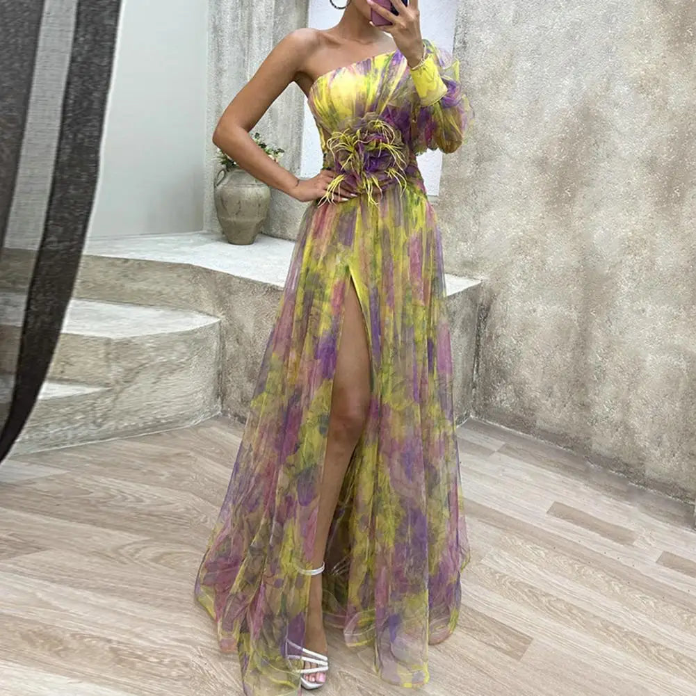 Formal Evening Dress Flower Embellished Evening Dress Elegant One Shoulder Tie-dye Ball Gown with Mesh Bubble Sleeves Split Hem