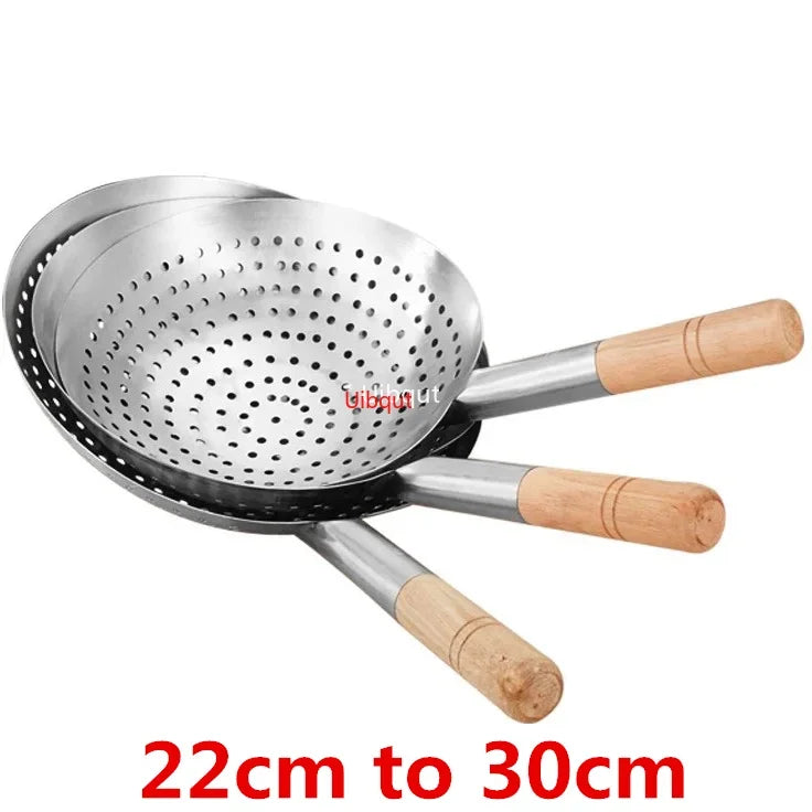 Large Big Thick Stainless Steel Mesh Strainer Colander wok wooden Handle Cookware Oil Flour Sifter Colander Kitchen Cooking wok