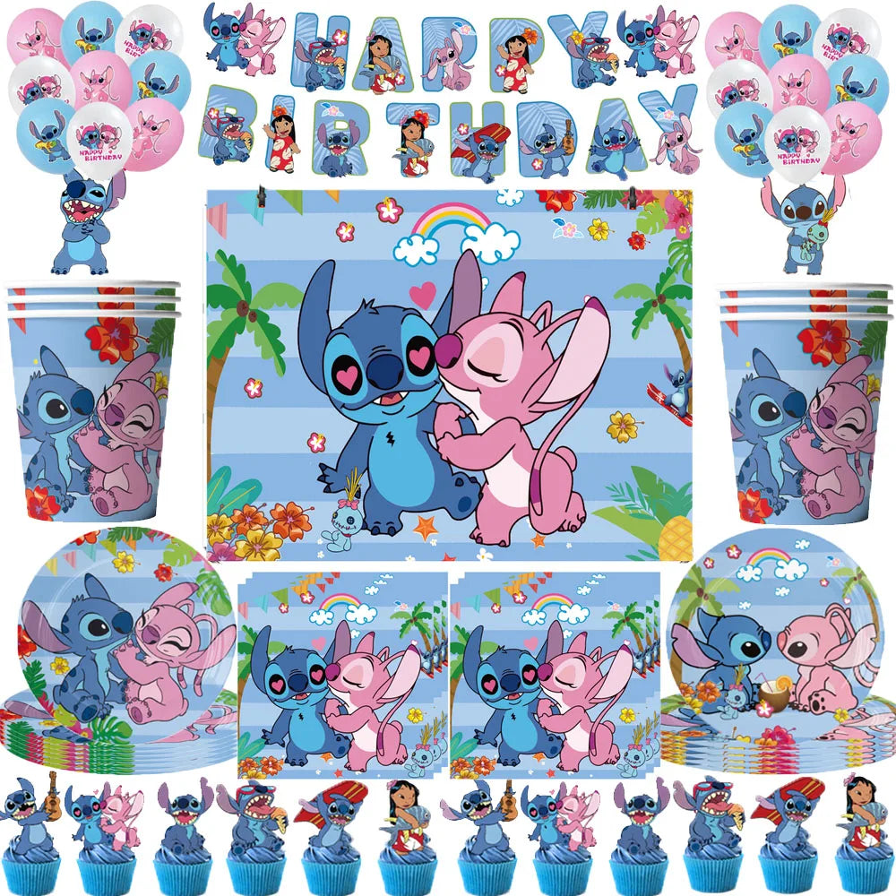 Disney Lilo&Stitch Birthday Party Decorations Disposable Tableware Include Plate Tablecloth Banner Balloon For Kids Baby Shower