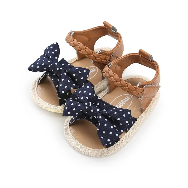 Infant Baby Shoes Girl Flats Sandals Soft Sole Anti-Slip Summer Bowknot Dot Stripe Lace Crib Shoes Newborn First Walker Hot Sale